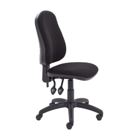 Calypso 2 High Back Operator Chair, no arms, black fabric upholstery, adjustable height, five-star base on wheels.