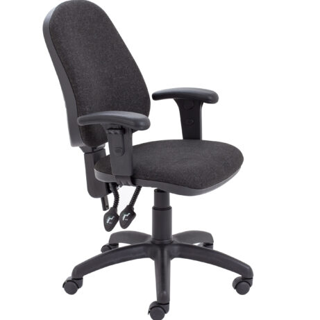 Calypso 2 High Back Operator Chair in charcoal with adjustable arms, featuring a five-point base and castor wheels.