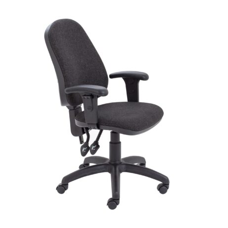 Calypso 2 High Back Operator Chair in charcoal with adjustable arms, featuring a five-point base and castor wheels.