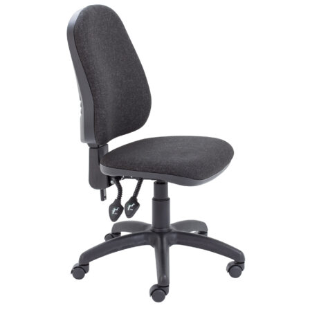 Calypso 2 High Back Operator Chair, Charcoal, No Arms, features ergonomic design and adjustable mechanisms.