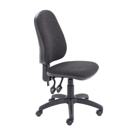 Calypso 2 High Back Operator Chair, Charcoal, No Arms, features ergonomic design and adjustable mechanisms.