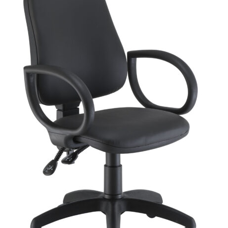 Calypso 2 High Back Operator Chair in black PU with fixed arms and multi-functional base.