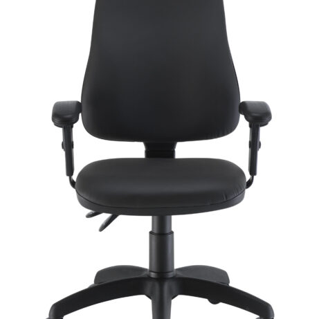 Calypso 2 High Back Operator Chair with adjustable arms, featuring black PU upholstery and a five-star base.