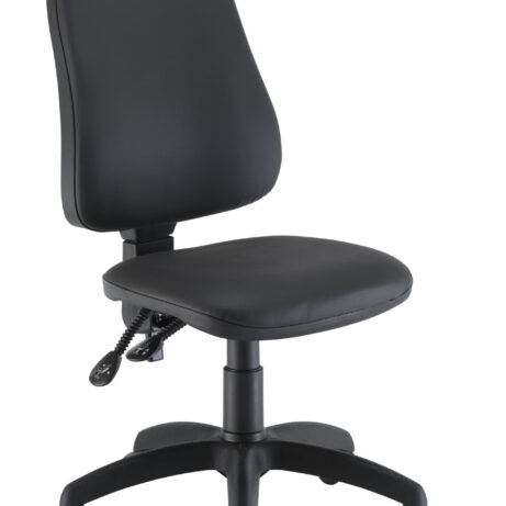 Calypso 2 High Back Operator Chair, no arms, in black PU upholstery, with adjustable height and rolling base.