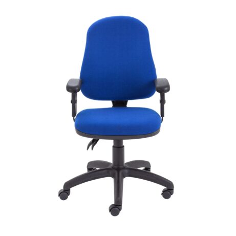 Calypso 2 High Back Operator Chair in blue fabric with height-adjustable arms and a mobile five-star base. Dimensions: 640 x 640.