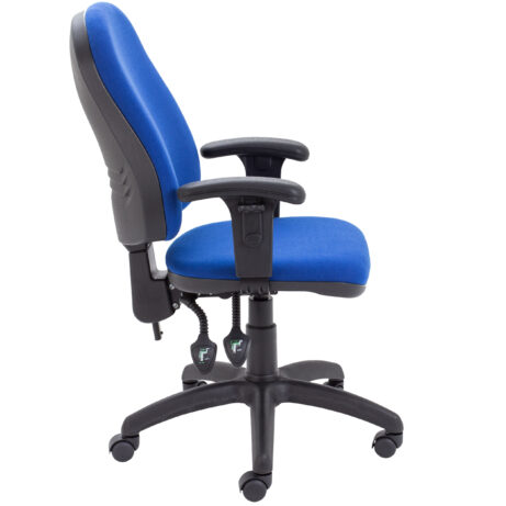 Calypso 2 High Back Operator Chair in blue fabric, featuring adjustable arms, backrest, and a mobile five-star base.