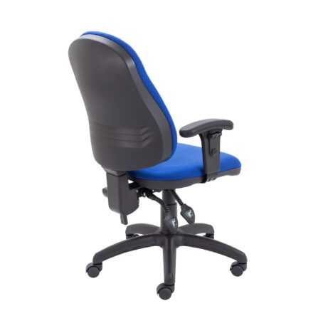 Calypso 2 High Back Operator Chair in blue fabric, featuring height-adjustable arms, backrest, and a mobile five-star base.