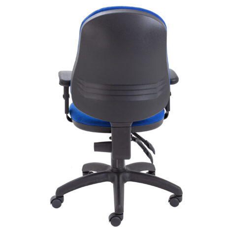 Calypso 2 High Back Operator Chair in blue fabric with height-adjustable backrest and arms, mobile five-star base.