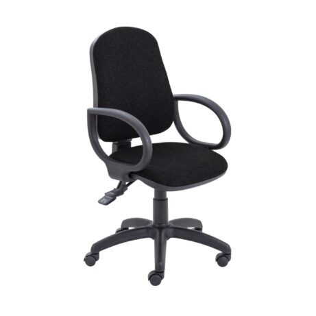 Calypso 2 Deluxe Chair with fixed arms in black fabric and a five-star base for easy mobility.