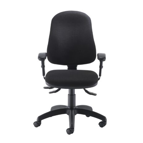 Calypso 2 Deluxe Chair with adjustable black arms and a black fabric finish, featuring a five-star base and rolling wheels.