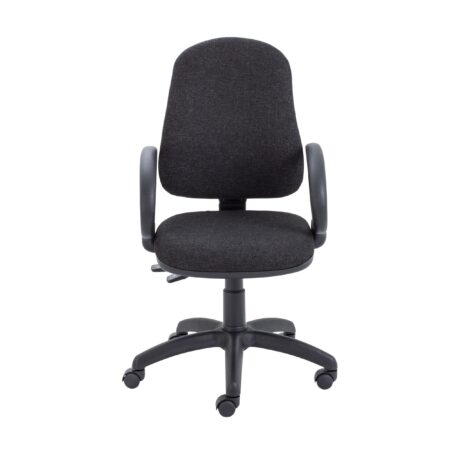 Calypso 2 Deluxe Chair with fixed arms in charcoal fabric, featuring a five-star base and caster wheels.