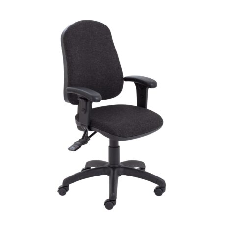 Calypso 2 Deluxe Chair with adjustable arms in charcoal fabric, featuring a five-star base and rolling casters.