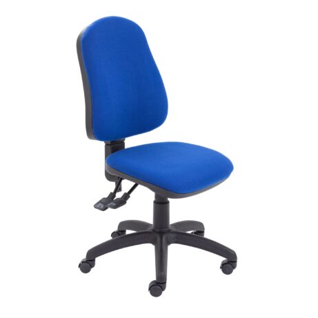 Calypso 2 Deluxe Chair, no arms, in royal blue fabric with a black five-star base and rolling casters.