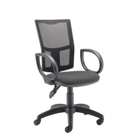 Calypso 2 Mesh Office Chair with fixed arms, charcoal colour, featuring a mesh back and fabric seat.