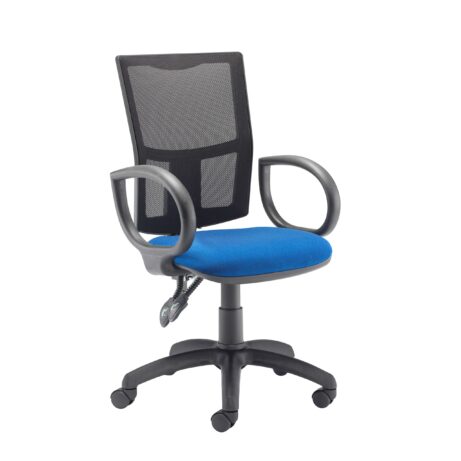 Calypso 2 Mesh Office Chair with breathable mesh back, blue seat, fixed arms, and five-star base with casters.