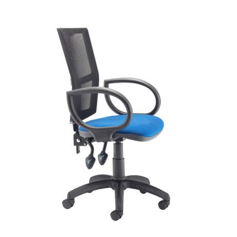 Calypso 2 Mesh Office Chair with blue seat, breathable mesh back, fixed arms, and durable five-star base on casters.