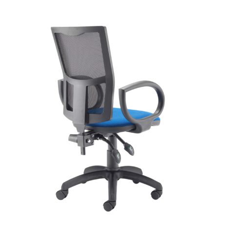 Calypso 2 Mesh Office Chair with blue seat, breathable mesh high back, fixed arms, and five-star base with casters.