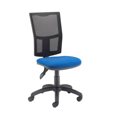 Calypso 2 Mesh Office Chair, Royal Blue seat, no arms, with a black mesh back and swivel base.