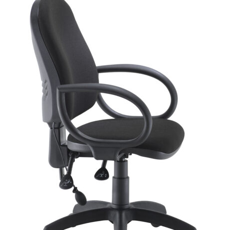 Calypso Ergo 2 Lever Office Chair in black fabric, featuring lumbar pump, adjustable height, and tilt with curved backrest.