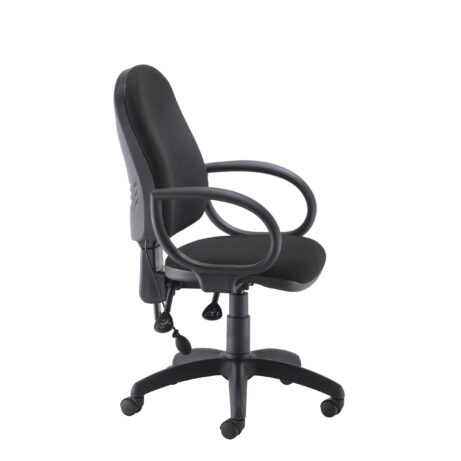 Calypso Ergo 2 Lever Office Chair in black fabric, featuring lumbar pump, adjustable height, and tilt with curved backrest.