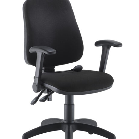 Calypso Ergo 2 Lever Office Chair with folding arms, black fabric upholstery and lumbar pump adjustment.