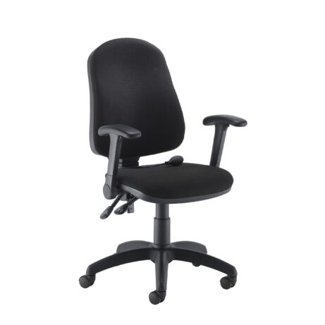 Calypso Ergo 2 Lever Office Chair with folding arms, black fabric upholstery and lumbar pump adjustment.