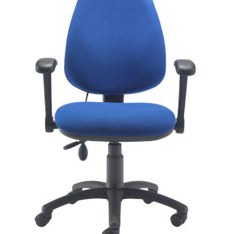 Calypso Ergo 2 Lever Office Chair, Royal Blue, with folding arms and lumbar pump, on a five-wheel base.