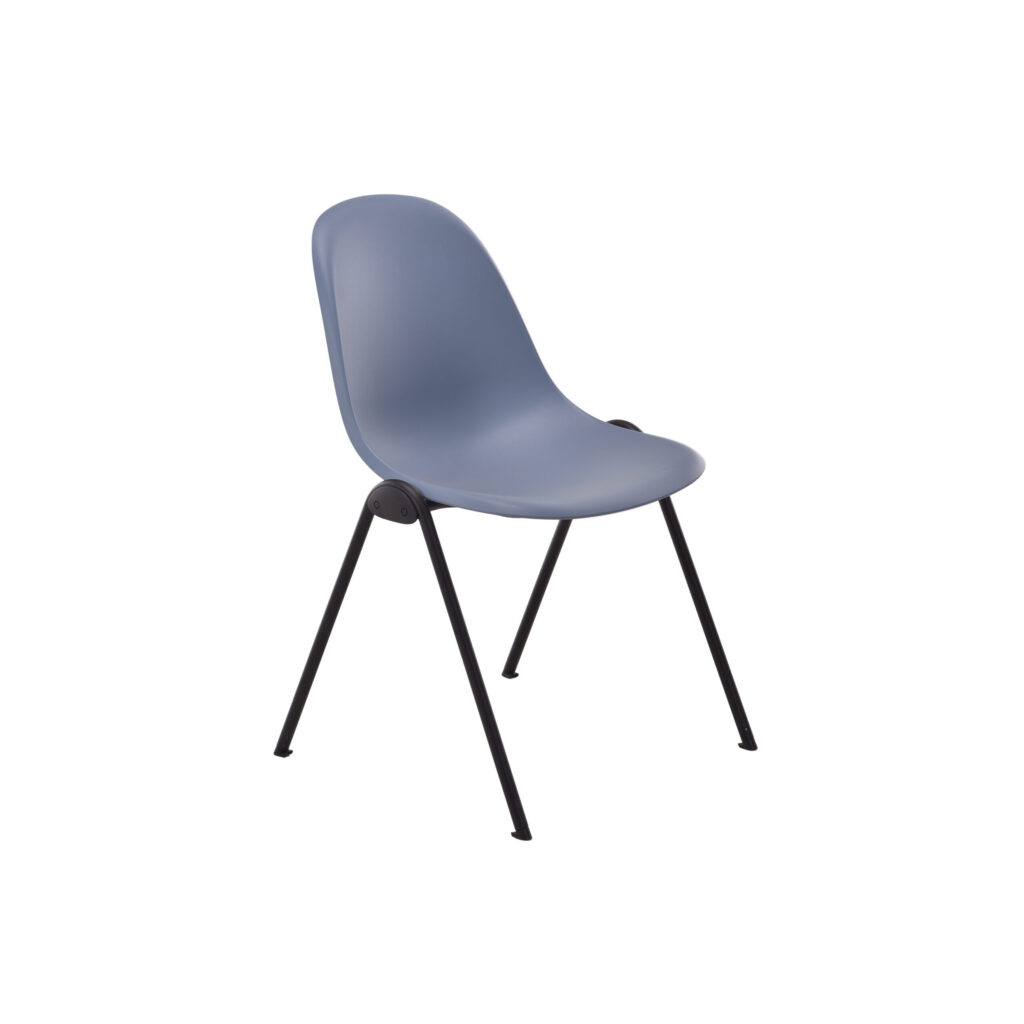 Lizzie 4 Leg Chair in Steel Blue with a smooth plastic seat and black metal legs.