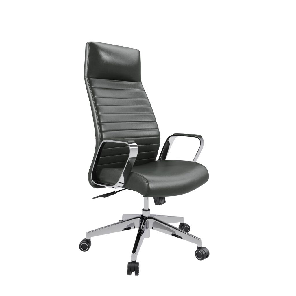 Dawn high back leather executive chair with ribbed back, plush armrests, and polished chrome base, ideal for offices.