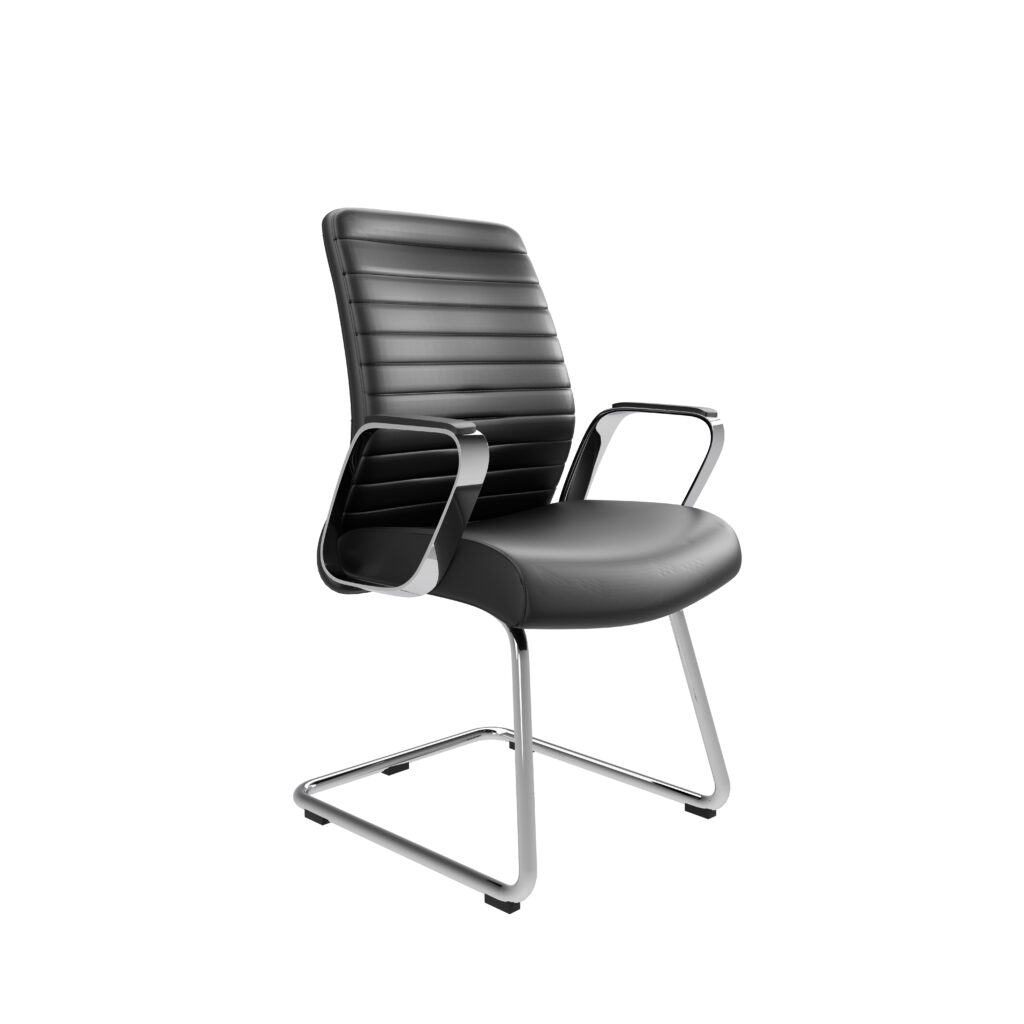 Dawn Visitor Leather Executive Chair in black leather with ribbed back, plush armrests, and cantilever chrome frame.