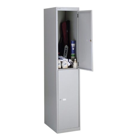 Bisley 2 Door Locker in Goose Grey, 30.5 inches, displaying items inside with one door open.