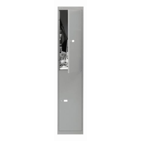 Bisley 2 Door Locker in grey steel, featuring cam lock, hanging hooks, ventilation, and dimensions 1802 × 305 × 457 mm.