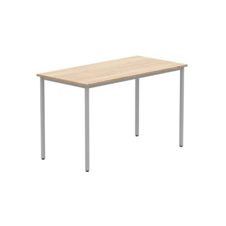 Rectangular multi-use table with Canadian oak top and silver frame, dimensions 1200 x 600 mm.