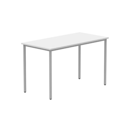 Rectangular multi-use table with Arctic White desk top and silver frame, dimensions 1200x600 mm. FSC certified.