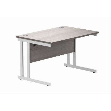 Rectangular office desk with Alaskan Grey Oak top and white steel double upright cantilever frame, dimensions 1200 X 800.
