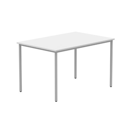 Rectangular multi-use table with Arctic White top, silver frame, dimensions 1200 x 800 mm. FSC certified.