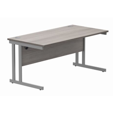 Rectangular office desk with Alaskan Grey Oak top and silver steel double upright cantilever frame, dimensions 1600 x 800 mm.