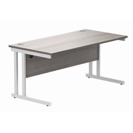Rectangular office desk with Alaskan Grey Oak top and white steel double upright cantilever frame, dimensions 1600 x 800 mm.