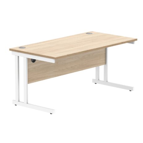 Rectangular office desk with Canadian Oak top and white steel cantilever frame, measuring 1600 x 800 mm.