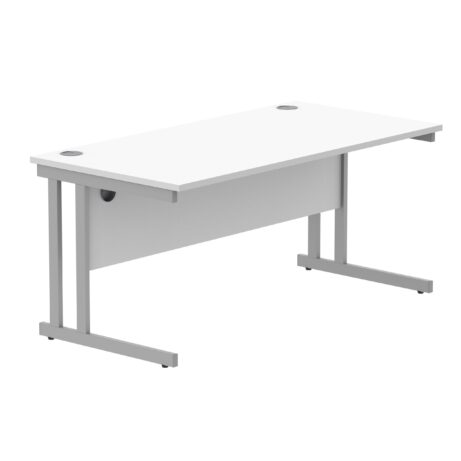 Rectangular office desk with Arctic White top and silver steel double upright cantilever frame, dimensions 1600 x 800 mm.