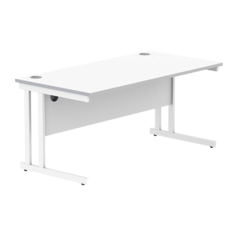 Rectangular office desk with Arctic White top and white steel double upright cantilever frame, dimensions 1600 x 800 mm.