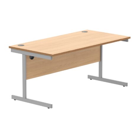 Rectangular office desk with Norwegian Beech surface and silver steel cantilever frame, measuring 1600 x 800 mm.