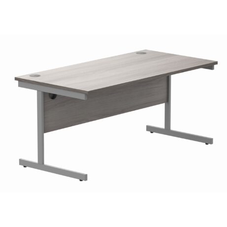 Rectangular office desk with Alaskan grey oak top, silver steel cantilever frame, dimensions 1600 x 800 mm.