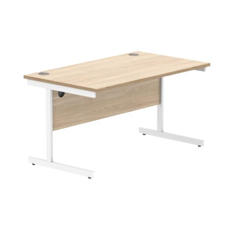 Rectangular office desk with Canadian Oak top, 1600x800mm, white steel cantilever frame. Features cable management ports.