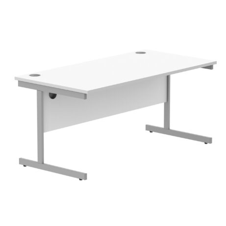 Rectangular office desk with Arctic White top and silver steel cantilever frame, dimensions 1600 x 800 mm.