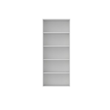 Four-shelf white bookcase, FSC certified, measuring 800mm W x 400mm D x 1980mm H, features a stain-resistant finish.