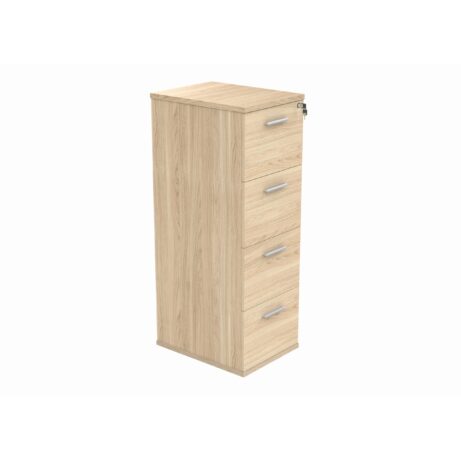Four-drawer filing cabinet in Canadian Oak finish with sleek metal handles and a locking top drawer.