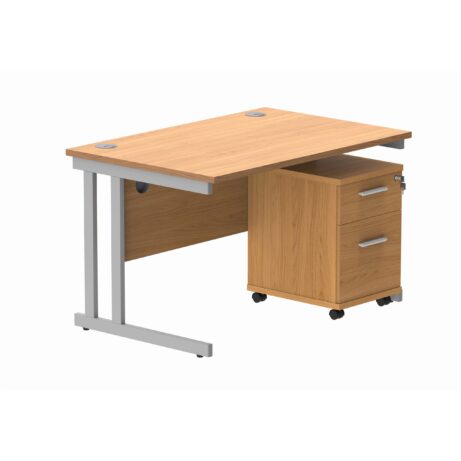 Double upright rectangular desk with Norwegian Beech top and silver frame, featuring a 2-drawer mobile pedestal.