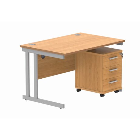 Double upright rectangular desk in Norwegian Beech with silver frame and 3-drawer mobile pedestal. Dimensions 1200 x 800 mm.