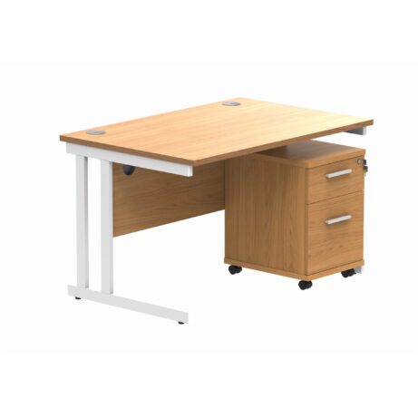 Double upright rectangular desk in Norwegian Beech with white frame and a 2-drawer mobile pedestal. Dimensions: 1200 x 800.